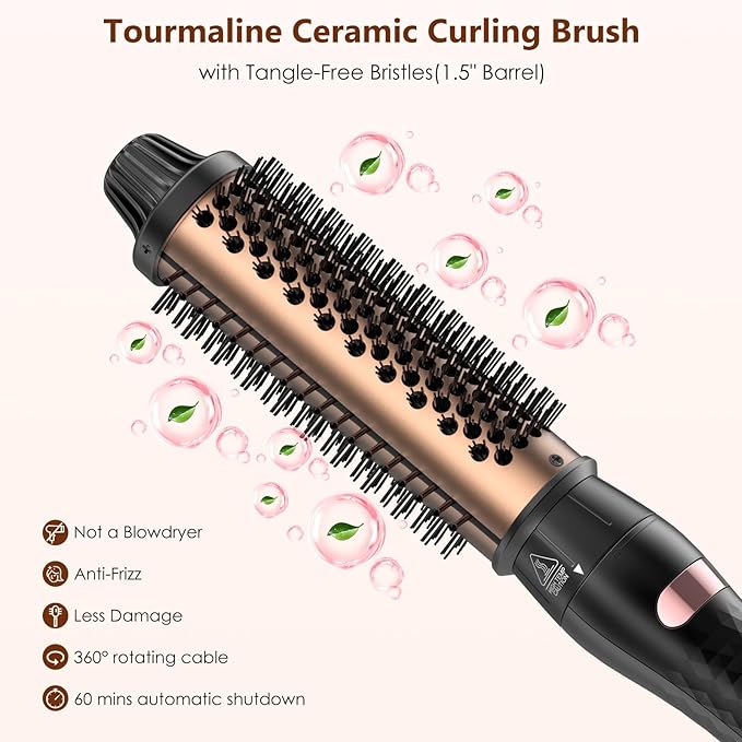 3-in-1 Thermal Brush for Blowout Look, 1.5 inch Heated Round Brush with Ion Detachable Heated, Makes Hair Straightening and Smoother Get Natural Curls, Dual Voltage for Travel, Quick&Easy