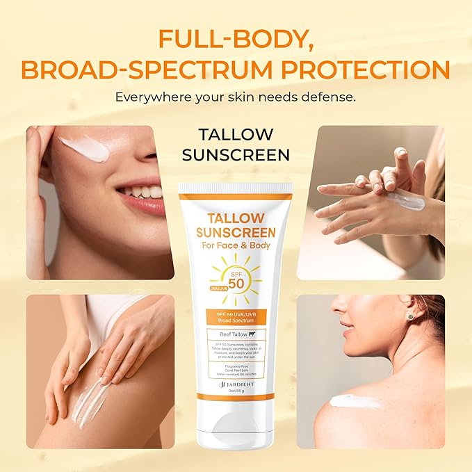 Beef Tallow Sunscreen SPF 50 with Mineral : Instant Sun Protection Non Nano Zinc Oxide Sunblock- Non Greasy Formula- Beach Jogging Outdoor Sports - 3 Fl oz, 85g