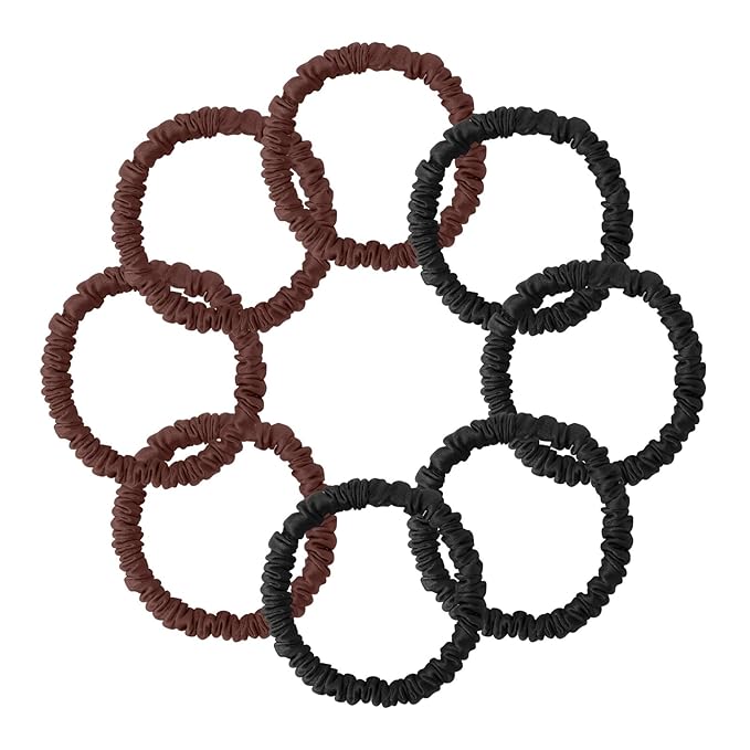 8Pcs Mulberry Silk Scrunchies & Hair Ties - No Crease Skinny Scrunchies Elastic Set for Women All Hair Types, Reduces Breakage