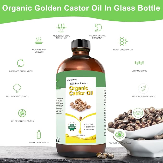 Organic Castor Oil for Body, Hair & Lashes Brow, USDA Certified 100% Pure Natural Glass Bottle, Cold Pressed, Hexane Free. Castor Oil for Hair Growth, Thicker Fuller Brows, 16.9oz