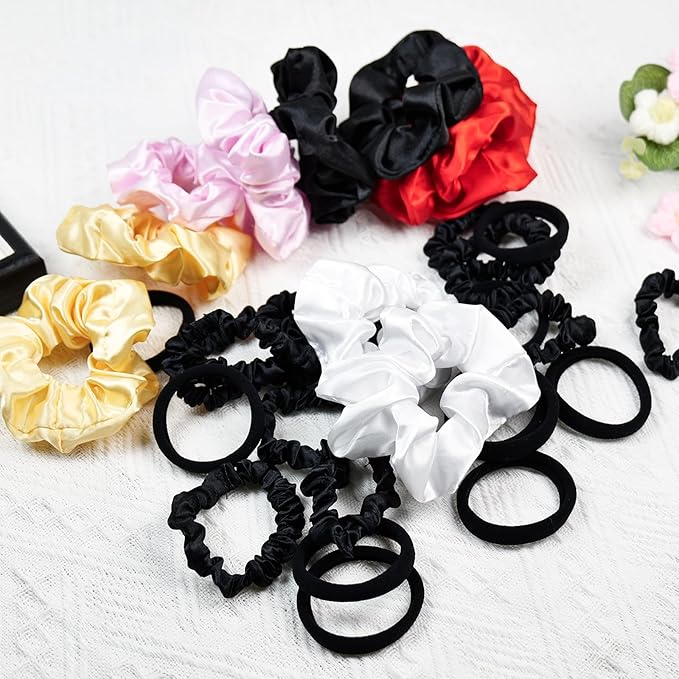 Satin Hair Scrunchies for Women - JGQUR 30 Pack Black White Pink Red Big Scrunchie for Girls Seamless Elastic Small Hair Ties Ponytail Holders Hair Accessories, Yoga, Sleep, Daily Use