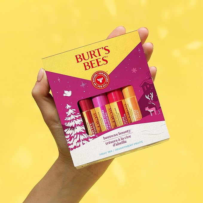 Burt's Bees Christmas Gifts, 4 Lip Balms Stocking Stuffers Products, Beeswax Bounty Fruit Mix - Watermelon, Pomegranate, Dragonfruit Lemon & Sweet Peach (4-Pack)