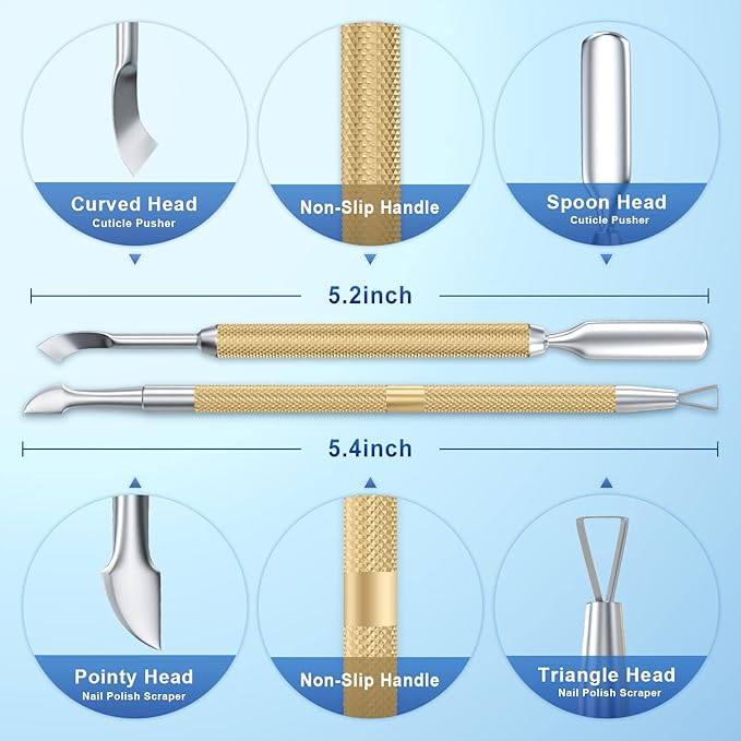 2PCS Metal Champagne Gold Cuticle Pusher and Cutter Remover Salon Quality Stainless Steel Gel Nail Polish Peeler Scraper Durable Manicure and Pedicure Cleaner Tool For Fingernail and Toenail