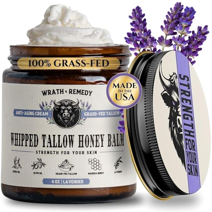 Organic Beef Tallow for Skin - 4 OZ (Lavender) — Grass Fed Beef Tallow for face + Body — US-Made Whipped Tallow and Honey Balm Moisturizer for Dry and Sensitive Skin, Eczema, Rosacea (No Additives)