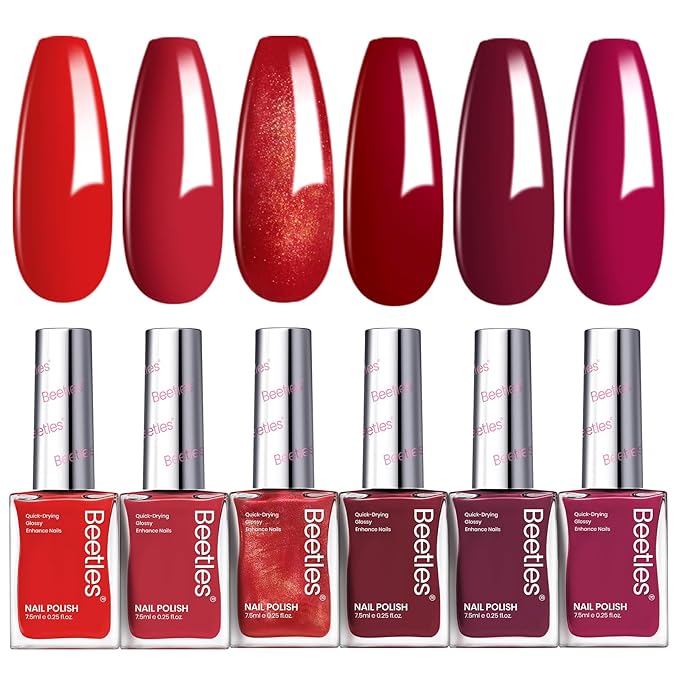 Beetles Red Nail Polish Set Blazing Rose, 6 Colors Dark Red Burgundy Nail Polish Glossy Enhance Nails Quick Dry Fingernail Polish for Nail Art Manicure DIY at Home Christmas Gifts For Women