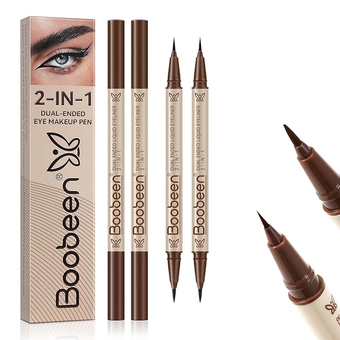 Boobeen 2pcs Liquid Eyeliner，Dual-Ended Eye Liner with Thick Tip and Precise Brush Tip，Waterproof Black Liquid Liner Pen，Matte Finish，All Day Wear，Smudge-proof,Brown