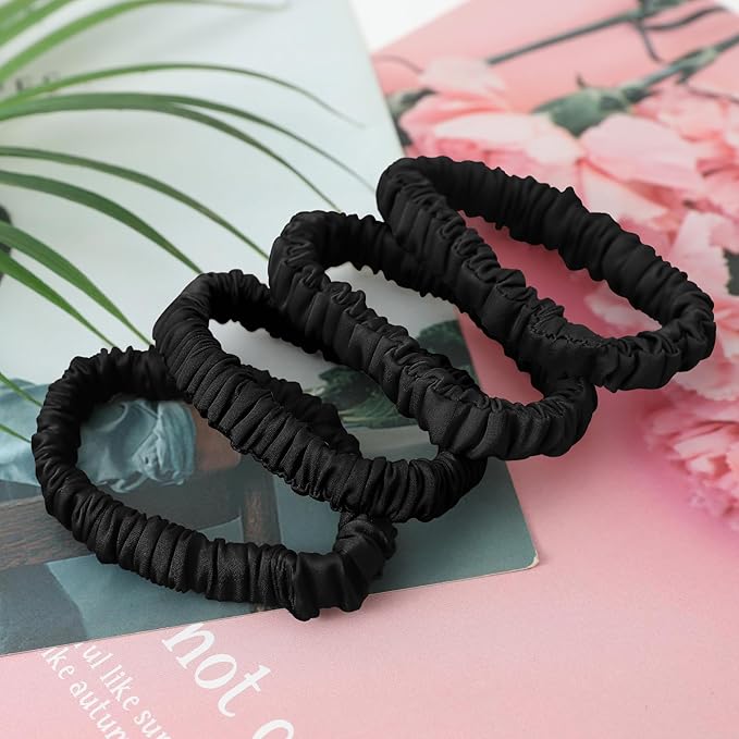 4Pcs Mulberry Silk Scrunchies & Hair Ties - No Crease Skinny Scrunchies Elastic Set for Women All Hair Types, Reduces Breakage (Black)