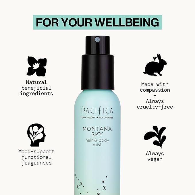 Pacifica Hair Mist Perfume & Full Body Spray for Women - Montana Sky Body Mist Fragrance w/Cedarwood, Elderflower, Black Pepper, Sage & Sandalwood Clean Beauty Alcohol-Free, Vegan & Cruelty-Free 5 oz