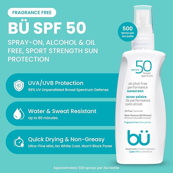 BU SPF 50 Sunscreen Spray for Face and Body, Fragrance Free, Clear Non Aeorsol, Non Greasy and Water Resistant (3-pack)