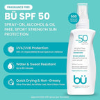 BU SPF 50 Sunscreen Spray for Face and Body, Fragrance Free, Clear Non Aeorsol, Non Greasy and Water Resistant (3-pack)