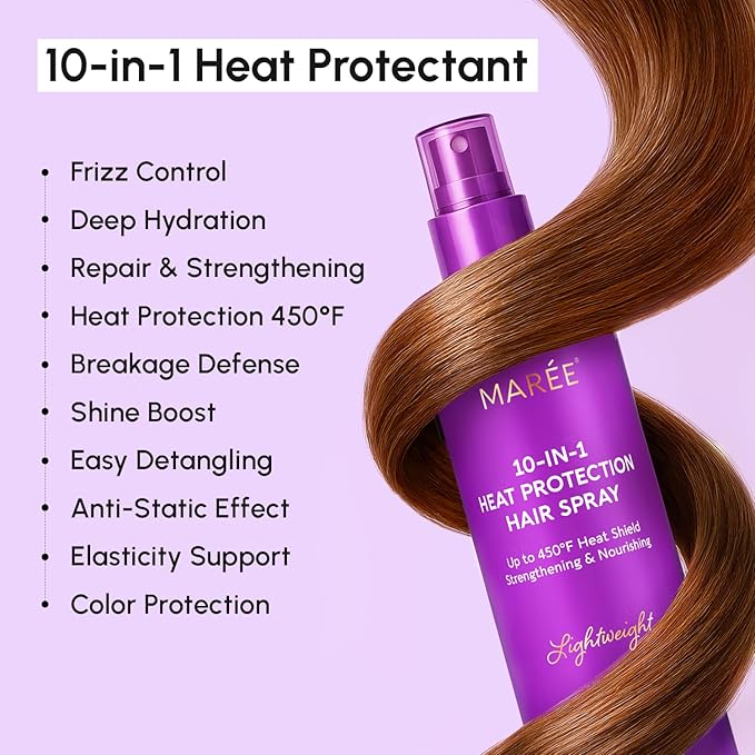 MAREE 10-in-1 Heat Protection Spray for Hair – Heat Protectant for Hair with Keratin, Collagen & Argan Oil – Frizz Control Hair Spray Women Care Product – Anti Frizz Protector de Calor para el Cabello