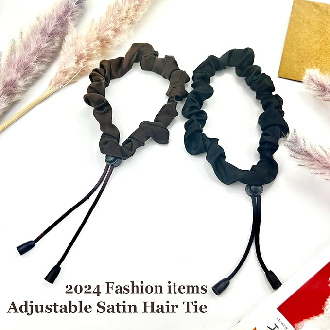 4 pcs Afro Puff Hair Tie Satin Hair Scrunchies, Black and Brown Adjustable Hair Ties, Adjustable Hair Ties for Thick Hair, Long Style No Slip Headband Afro Puff Hair Tie, Easy Use Hair Accessories