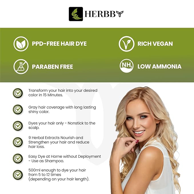 HERBBY Hair Color Shampoo for Gray Hair Coverage&Color Transform with 9 Herbal Extracts –Long Lasting(6-8 Weeks),Shiny,Evenly Colored,Instant Hair Dye Shampoo&Conditioner,500 Ml (LUXURY BLONDE COLOR)