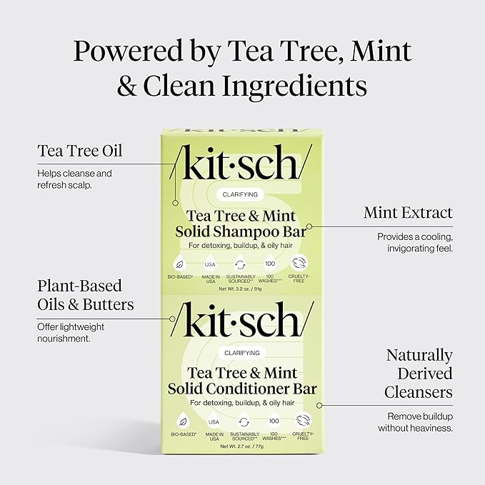 Kitsch Clarifying Tea Tree Shampoo and Conditioner Set – Shampoo & Conditioner Bar for Women and Men, Scalp & Oil Control Hair Care – Free of Paraben, Sulfate & Silicone – Made in USA - 2 pcs