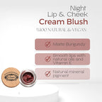 2-in-1 Cream Cheek Blush + Lip Color | Natural Mineral pigment | Soft Lips with natural oils and Vitamin E | 100% Plant ingredients, Vegan (Burgundy/Matte-Night, 0.25fl oz)