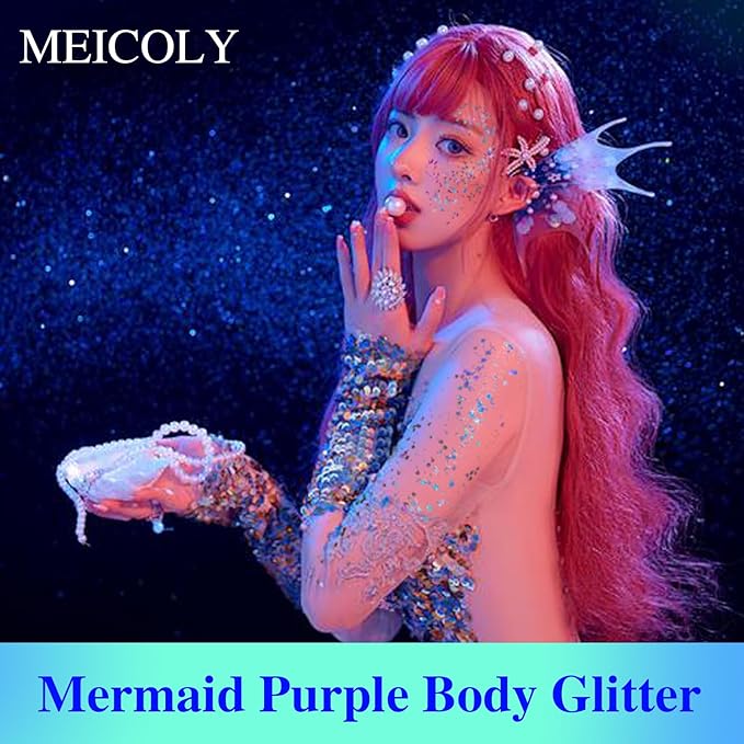 MEICOLY Light Purple Hair Glitter,Chameleon Purple Mermaid Face Glitter,Glitter Face Paint for Halloween,Mardi Gras Outfit for Women,Rave Glitter Makeup Sparkle Chunky Glitter for Women,50ml
