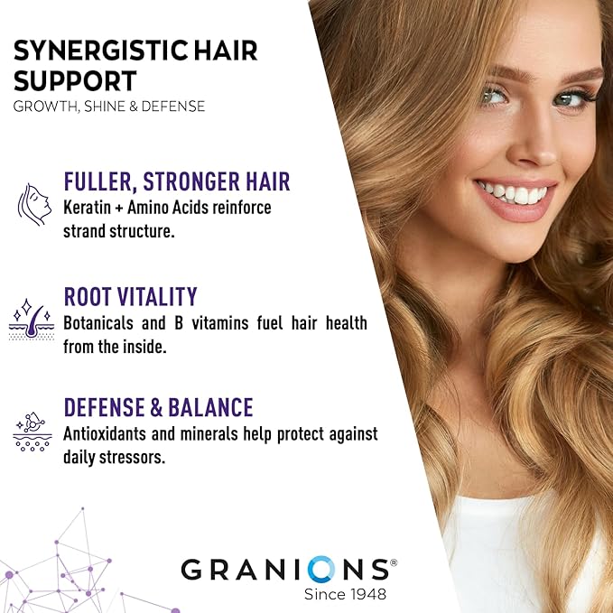 Granions Hair Growth Supplements - Biotin, Keratin & Amino Acids, Zinc & Selenium Pills for Women and Men - B-Vitamins Complex Hair Vitamins for Strength, Shine & Less Shedding - 90 Tablets