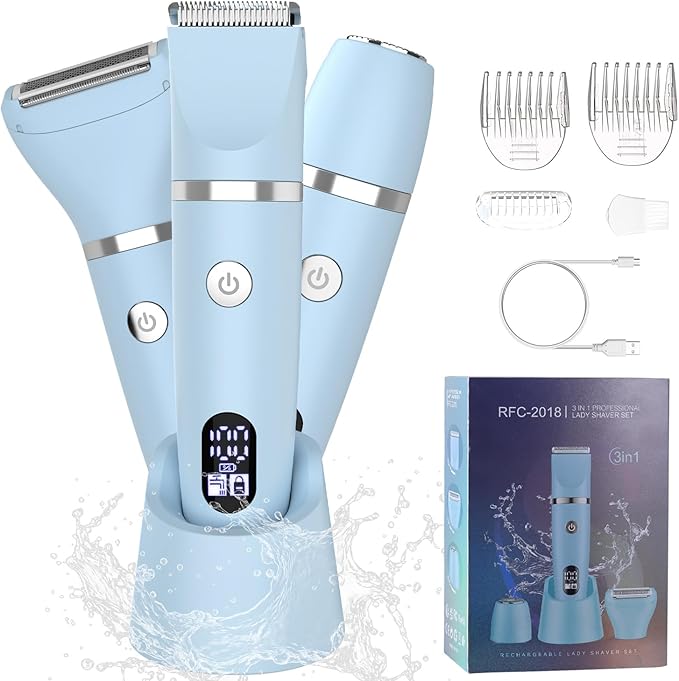 3-in-1 Electric Razor IPX7 Waterproof Bikini Trimmer Wet & Dry Use Painless Personal Trimmer Groomer for Ladies Face Body Legs Bikini Public Hairs Electric Lady Shaver with Replaceable Heads