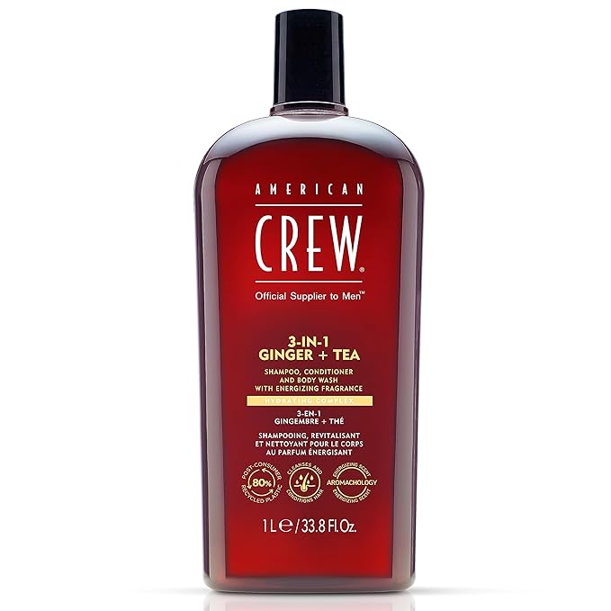 AMERICAN CREW 3-in-1 Ginger & Tea, Shampoo, Conditioner & Body Wash for Men, Hair Care Gift for Him, Revitalizing and Refreshing Fragrance, 33.8 fl oz