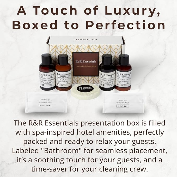 20 Display Ready Boxed Amenity Kits with Premium Hotel Toiletry Essentials - 1.5 oz Shampoo, Conditioner, Shower Gel, Lotion, 1.2 oz Guest Soap & 2 Makeup Remover Wipes - Air bnb & Vacation Rentals