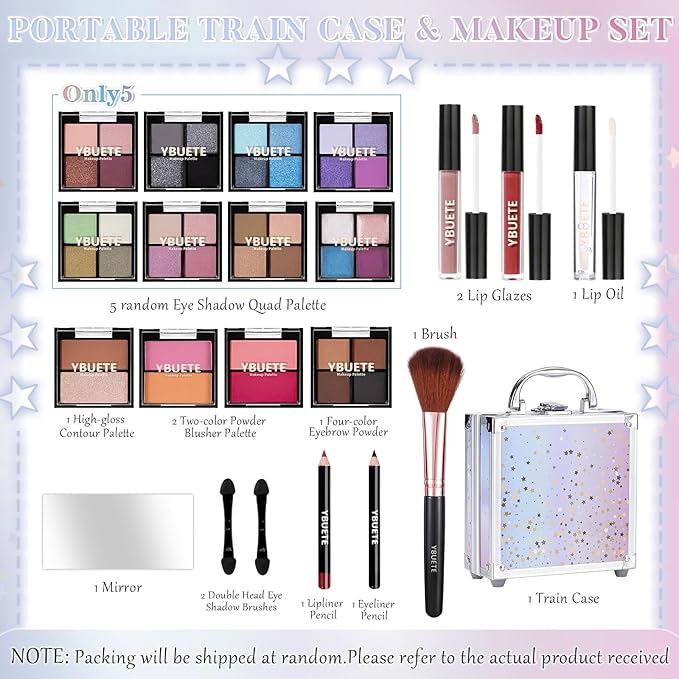 Beginner Makeup Set for Teen Girl Women, Makeup Present for Her, Makeup Kit with Cosmetic Train Case Contained Eyeshadow Blush Lip Gloss and Oil Lip Liner Eyeliner Brushes Mirror (Purple)