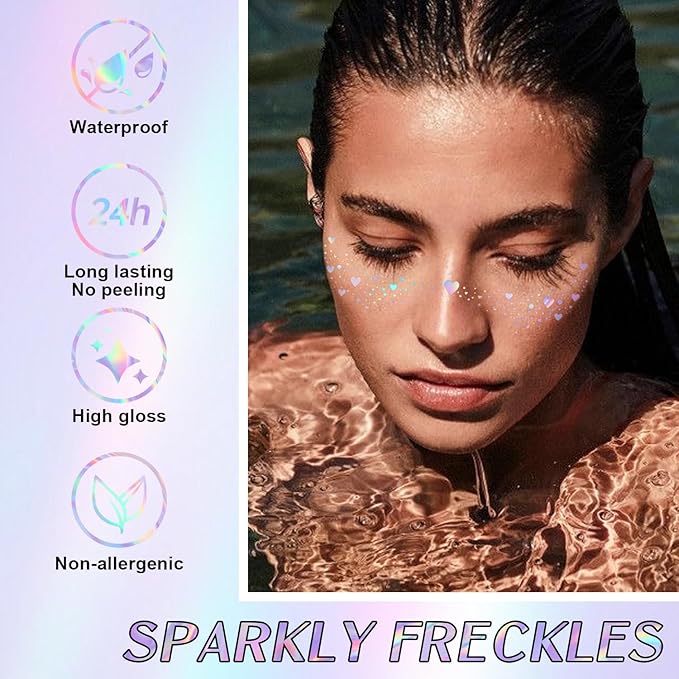 8Pcs Face Makeup Patches, Glitter Freckles Face Tattoo for Teenagers & Young Women, Sparkle Freckles Makeup Patches, Waterproof Face Glitter Freckles for Christmas (8Pcs Holographic Multicolor)