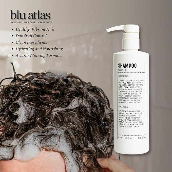 Blu Atlas Men's Natural Shampoo – Organic, Sulfate-Free, Paraben-Free – Deep Cleansing & Hydrating – Classic Scent (Bergamot, Sage, Patchouli) – Made in America– 16 oz