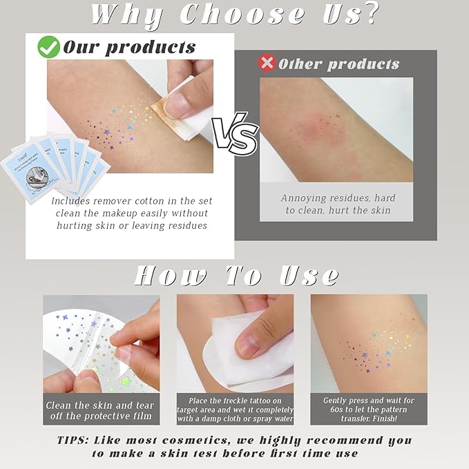 12 pcs Holographic Multichrome Glitter Freckles Face Tattoo, Waterproof Sparkle Face Glitter Speckles Patches for Women, Cute Star Glitter Temporary Tattoo Makeup Accessories for Festival Rave