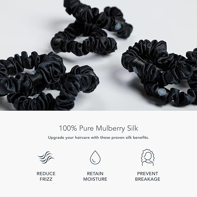 Fishers Finery 25 Momme Pure Mulberry Silk Black Scrunchies | Skinny Silk Hair Ties (Black 6 Pk)