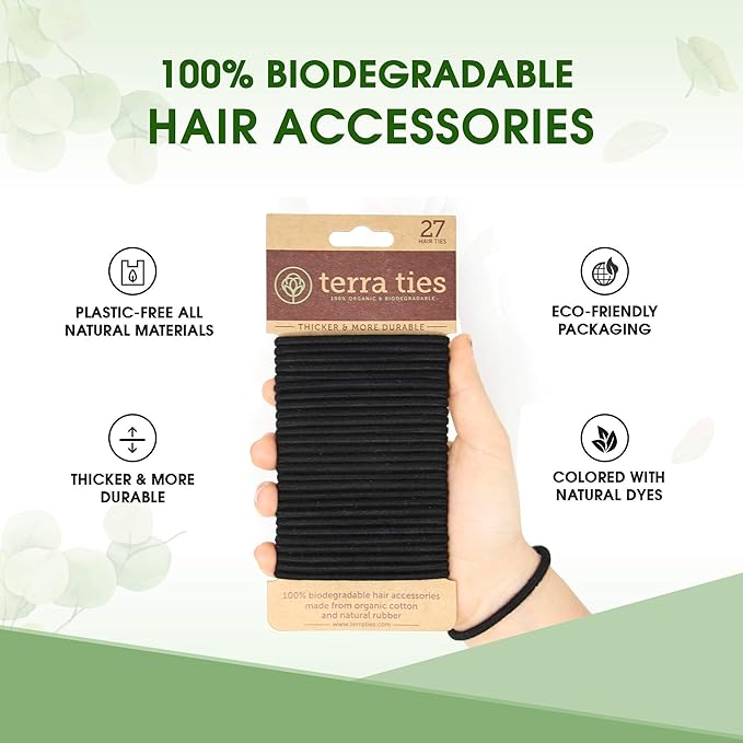 BIODEGRADABLE Elastic Hair Ties for Women & Men - Organic No Crease Black Hair Tie Ponytail Holders and Hairties for Buns - Plastic Free Hairbands for Women and Mens Hair - 5mm (27 count)