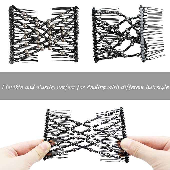 5 Pieces Magic Hair Comb Stretchy Double Comb Elastic Beaded Hair Clips for Women Girls Vintage Hairstyle Multipurpose Hair Accessories (Black, Brown, White, Purple, Blue)