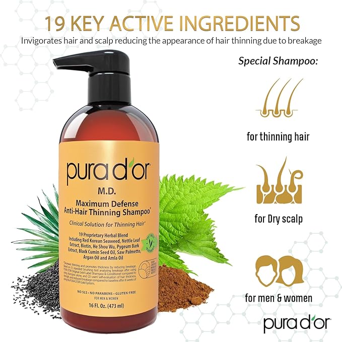 PURA D'OR 16 Oz MD Anti-Hair Thinning Maximum Defense Shampoo - 0.5% Coal Tar, Biotin, Proprietary Herbal Blend For Dry & Itchy Scalp, No Sulfates - For Men & Women