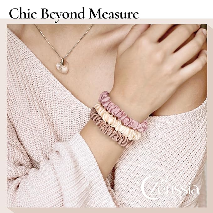 Zenssia Silk Scrunchies for Hair, 4PC Pure Mulberry Silk Hair Ties No Damage, Skinny Elastic Scrunchies for Fine & Thin Hair, Black Light Plum