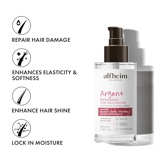 ALFHEIM Argan+ Repairing Hair Oil Serum for Dry, Damaged & Frizzy Hair with Argan Oil, Keratin, Panthenol & Vitamin E – Deep Nourishment, Smoothness & Shine – Non-Greasy, Sulfate Free – 3.38 oz