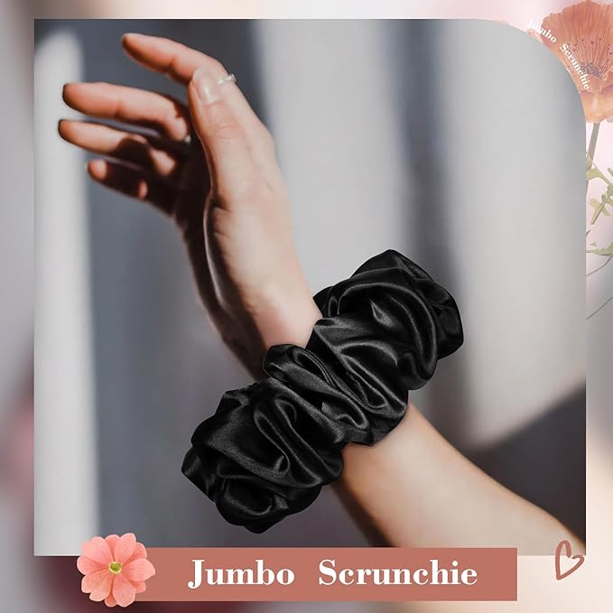 CEELGON Black Big Satin Scrunchie6.5 Inches Jumbo Scrunchies Silky Hair Ties Oversized Ponytail Holderfor Thick Curly Hair Extra Large Hair Accessories for Women (Black)