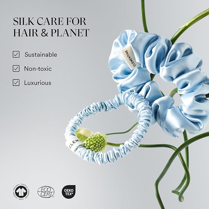Clementine Sleepwear Organic Silk Scrunchie Set Flower Shop | 4 Skinny and 4 Midi Scrunchies Made with GOTS Certified Silk for Gentle, Frizz-Free Styling