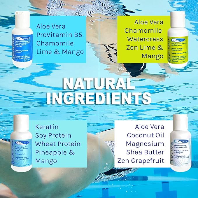 TRISWIM Shot Set in Travel Bag | 2oz Travel Size Chlorine Removal Shampoo, Swimmer’s Conditioner, Swim Body Wash and Lotion | Removes Chlorine, Bromine, Hard Water Minerals & Saltwater and odors