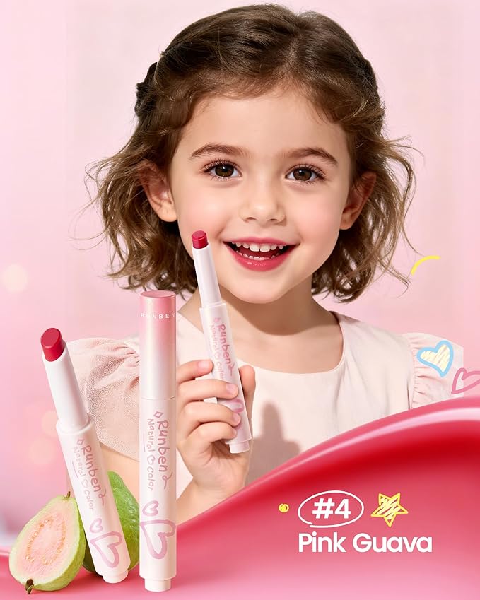 RUNBEN Kids Tinted Lip Balm, Pink Guava Lips Gloss, 24H Moisturizing, Safe & Non-toxic Lipstick for Kids & Teen, Christmas Makeup Gift for Girls, 2g