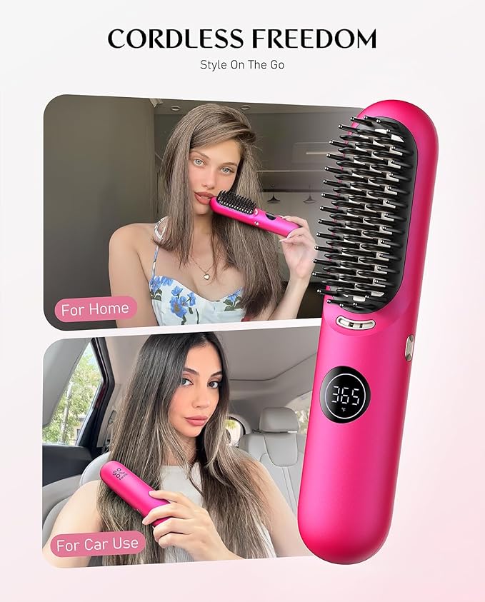 Fanttik Solo I10 APEX Portable Hair Straightener Brush, Cordless Straightening Comb with 113% Larger Heating Area, LED Display & Ceramic Coating, Ionic Technology & Safe Mode - Pink