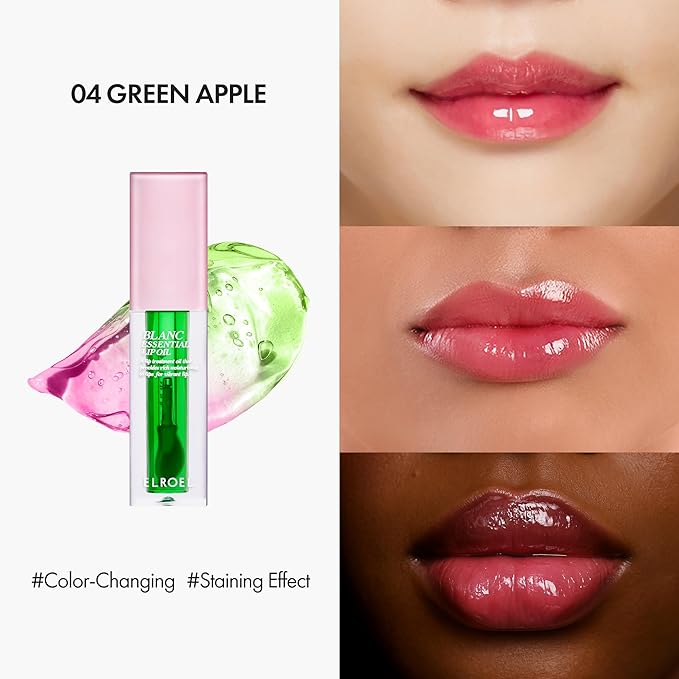 Blanc Essential Lip Oil - 50HR Moisturizing, Hydrating & Color Changing Korean Tinted Lip Oil Gloss Makeup with 6 Plant Extracts - Lightweight, Non-Sticky Finish 0.15 fl oz (#04 Green Apple)