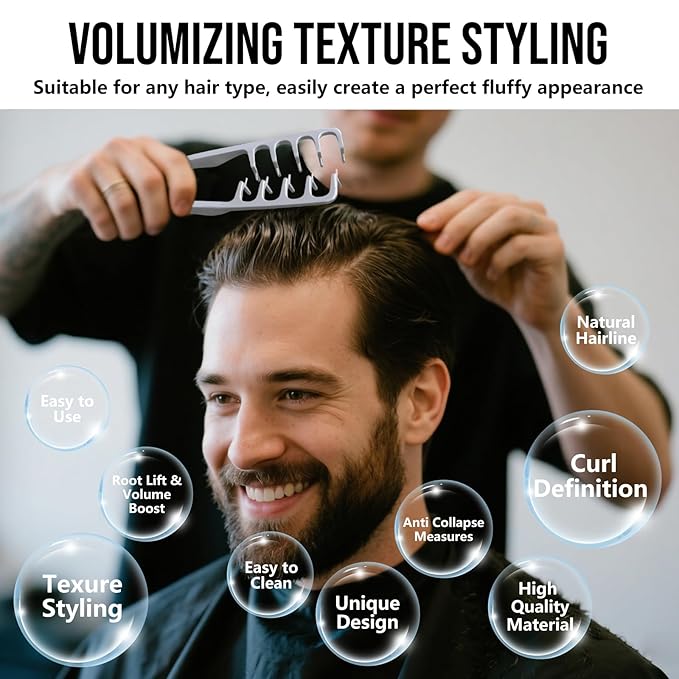 Volumizing Texture Comb, Wide-Tooth Hair Styling Comb for Men & Women, Fluffy Curly Texture Roots Volume Combs, Bangs Seam Grooming Styling Tool, Grey & Pink (2pcs)