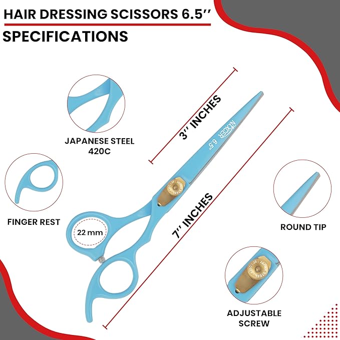 Hair Cutting Scissors -Sharp Razor Edge Blade Hair Shears Series - 6.5" With Fine Adjustment – Stainless Steel Hair Scissors Professional For Men, Women & Babies (Sky Blue)