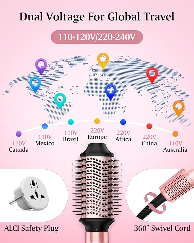 Brightup Dual Voltage Hair Styler - 5 in 1 High Speed Hot Air Styler 1400W Blow Dryer Brush, Negative Ions, Cool Shot Button, Curler, Volumizer, Straighter, No Heat Damage, with Travel Bag