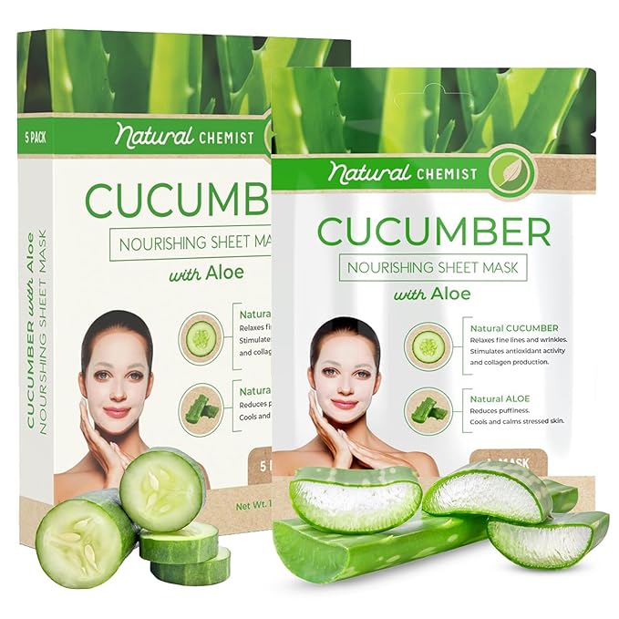 Cucumber & Aloe Sheet Face Mask - Calms & Moisturizes, Reduces Puffiness, Hydrates, Soothes, Dermatologist Tested, Cruelty Free Korean Skin Care For All Skin Types - 5 Masks
