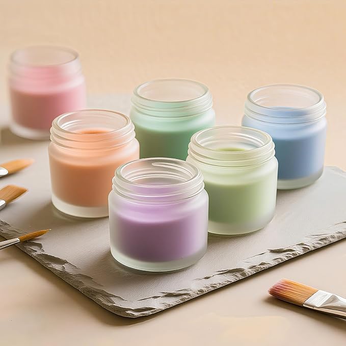 2oz Jars with Lids, Hoa Kinh 24 Pack Frosted Glass Jars with Woodgrain Lids Empty Cosmetic Containers Round Airtight Glass Jar with Inner Liners and Lid for Storing Lotions, Powders, and Ointments