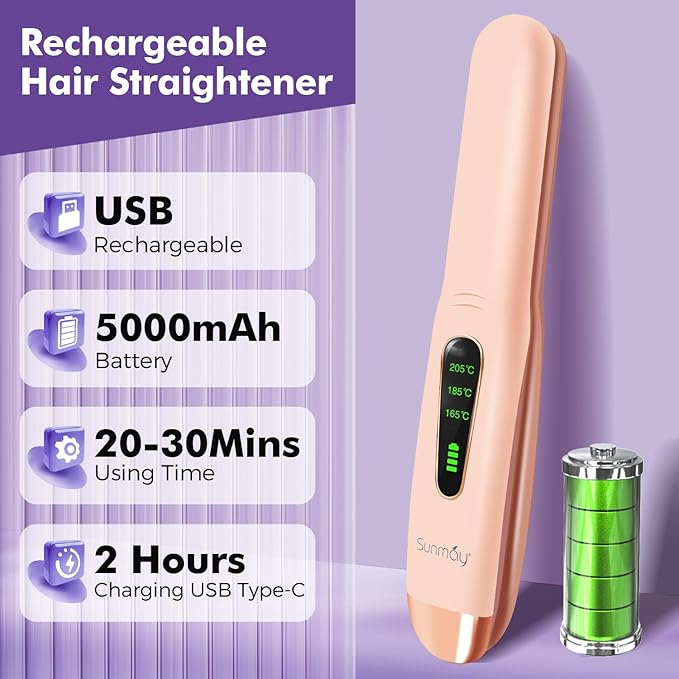 SUNMAY Cordless Hair Straightener, Titanium Portable Straightener for Travel, Dual Voltage Cordless Flat Iron Hair Straightener 2 in 1 with Comb & Clip for Women, Heat-up in Seconds, USB-C Fast Charge