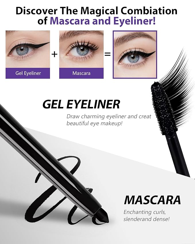 Black Waterproof Colored Mascara&Eyeliner,5D Fiber Mascara for Eyelashes Volume and Length, Smudgeproof Color Waterline Gel Eye Liner Pen Lengthening Curling Máscara Women Party Stage Use Makeup Gift