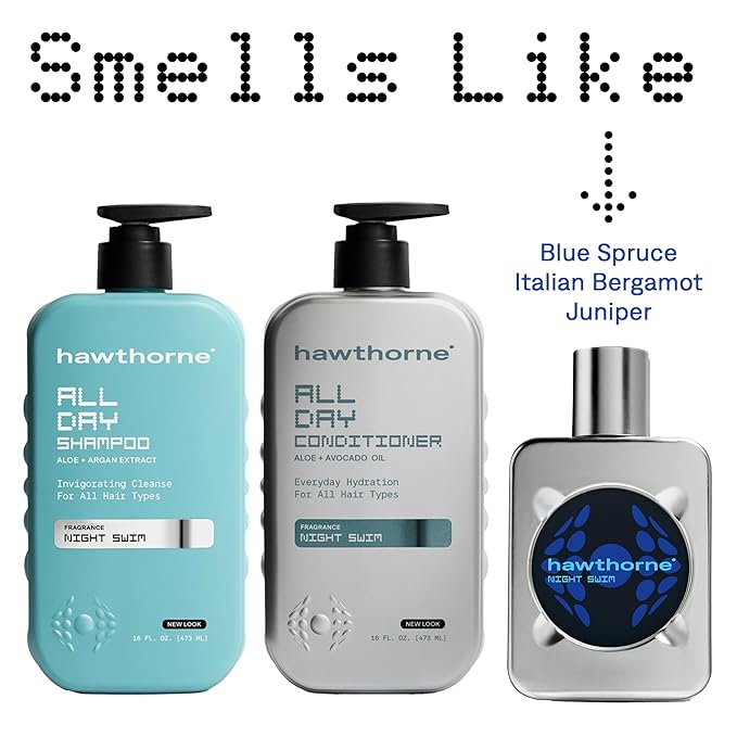 Hawthorne All Day Men's Shampoo and Conditioner Set. Sulfate Free Shampoo and Conditioner with Pure Avocado Oil and Aloe For Stronger, Healthier Hair. Night Swim Cologne Scent. 16 fl. oz. each.