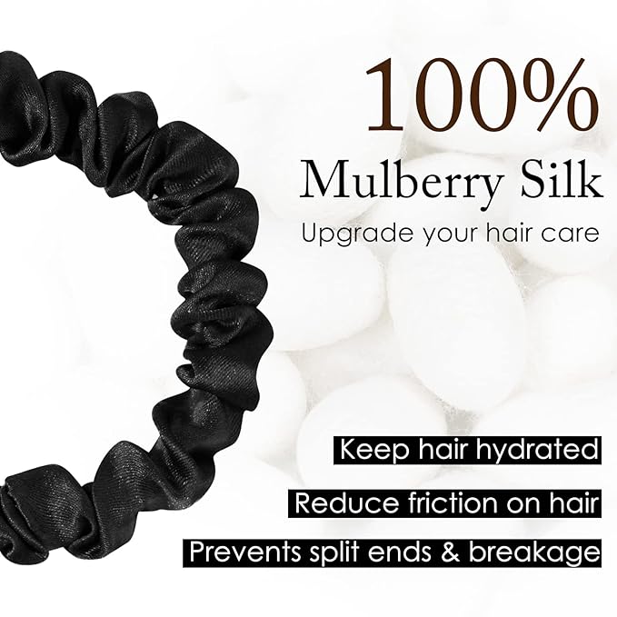 OLESILK Silk Hair Ties for Women: 100% Mulberry Skinny Silk Scrunchies, Soft Smooth No Damage No Crease for Thin Fine Curly Hair 5 Pack, Coffee