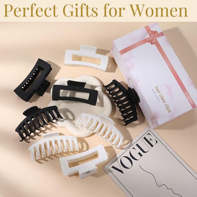 LuSeren 8 Pack White and Black Hair Clips for Women 4.3 Inch Large Hair Claw Clips for Women Thin Thick Curly Hair, Big Matte Banana Clips,Strong Hold jaw clips